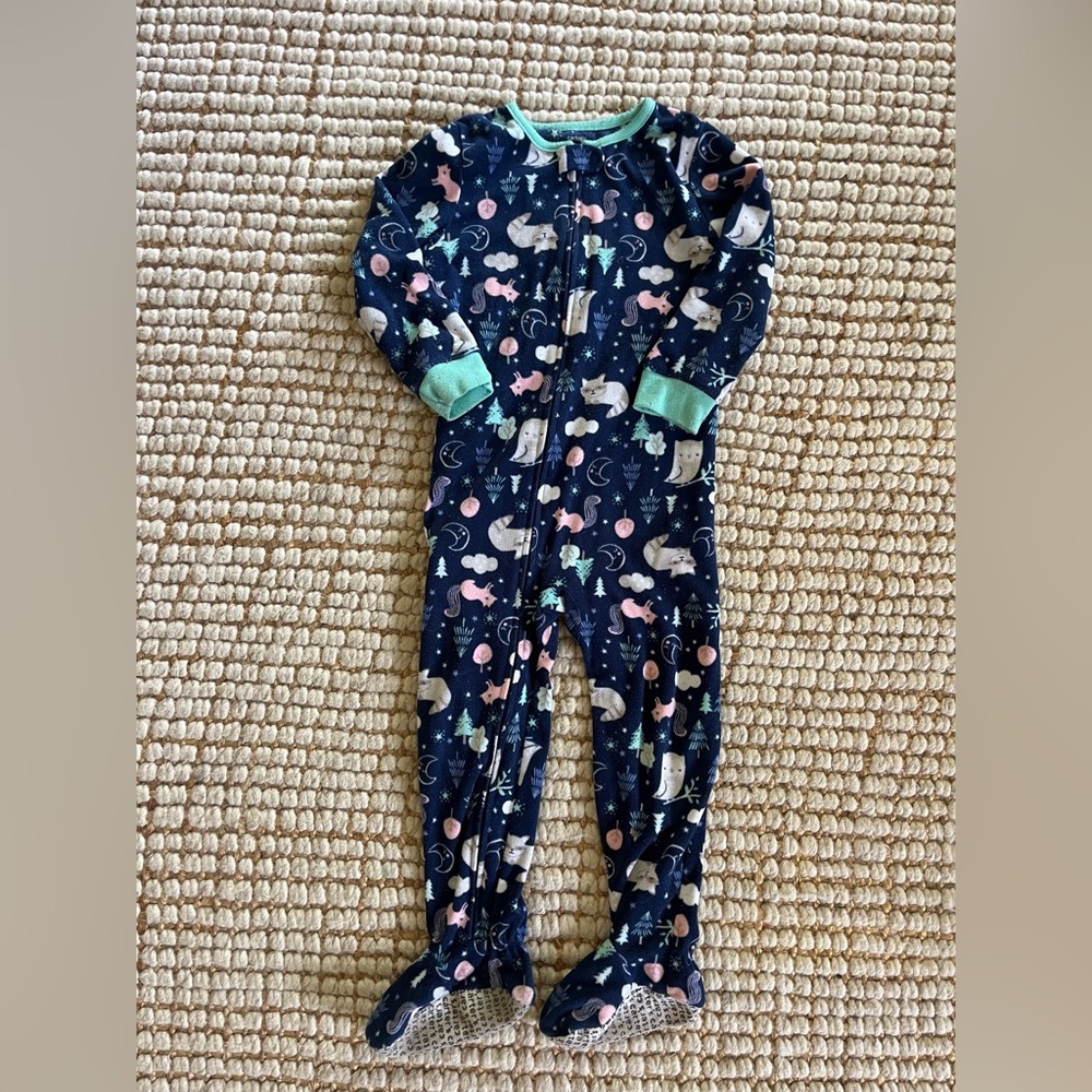 Navy Blue Kids Fleece Pajamas with Woodland Animal Print